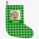 Groene geruite kinderfoto & naam Gingham rustieke Kleine Kerstsok (Voorkant)