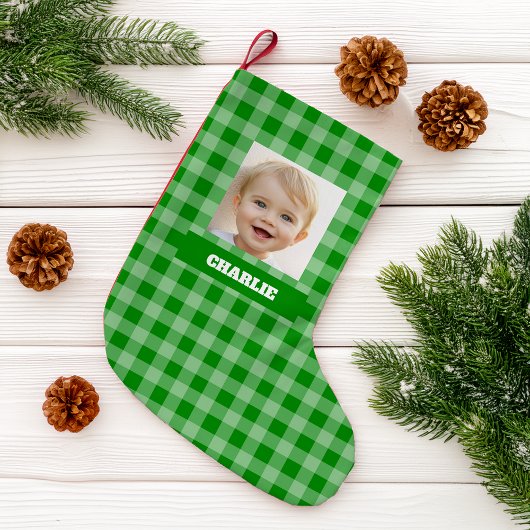 Groene geruite kinderfoto & naam Gingham rustieke Kleine Kerstsok