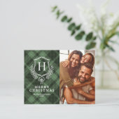 Groene geruite monogram foto kerst feestdagenkaart (Staand voorkant)