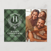 Groene geruite monogram foto kerst feestdagenkaart (Voorkant)