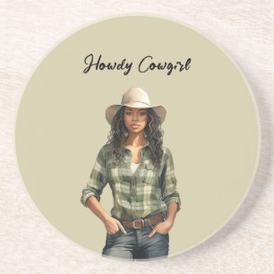 Groene geruite shirt Howdy zwarte vrouwelijke cowg Zandsteen Onderzetter