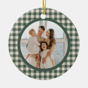 Groene geruite tartanpatroon jaarlijkse kerstfoto keramisch ornament