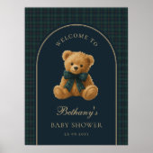 Groene geruite teddybeer babyshower welkom poster (Voorkant)