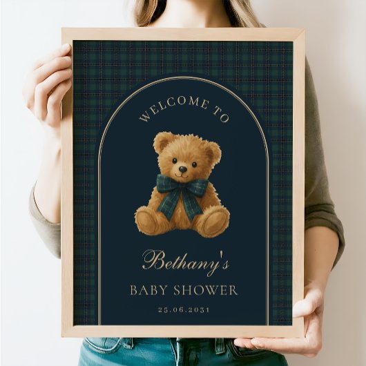 Groene geruite teddybeer babyshower welkom poster