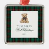 Groene geruite teddybeer eerste kerst metalen ornament (Voorkant)