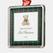 Groene geruite teddybeer eerste kerst metalen ornament (Links)