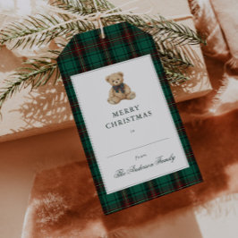 Groene geruite teddybeer kerstfeest cadeaulabel