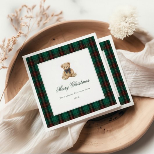 Groene geruite teddybeer kerstfeest servet