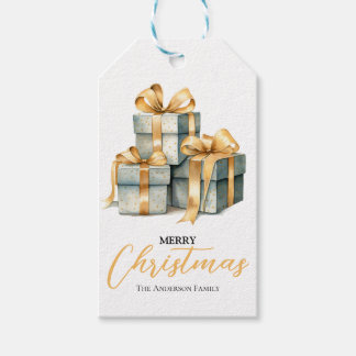 Groene geschenkdozen met gouden lint cadeau label cadeaulabel