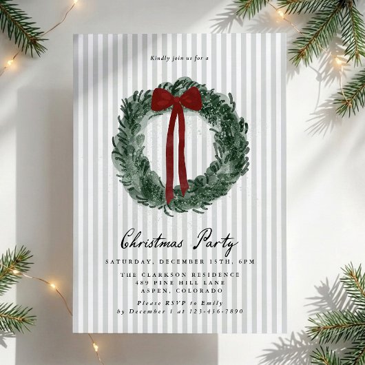 Groene gestreepte aquarel krans rode strik Kerstmi Kaart