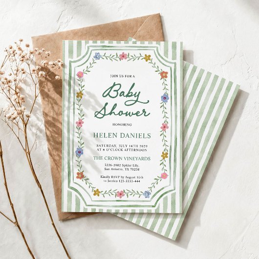 Groene gestreepte bloemige babyshower uitnodiging