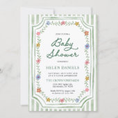 Groene gestreepte bloemige babyshower uitnodiging (Voorkant)