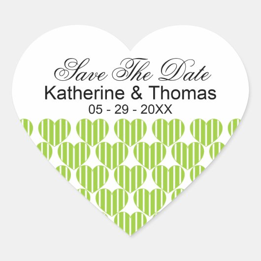 Groene gestreepte harten sparen de datum Stickers (Voorkant)