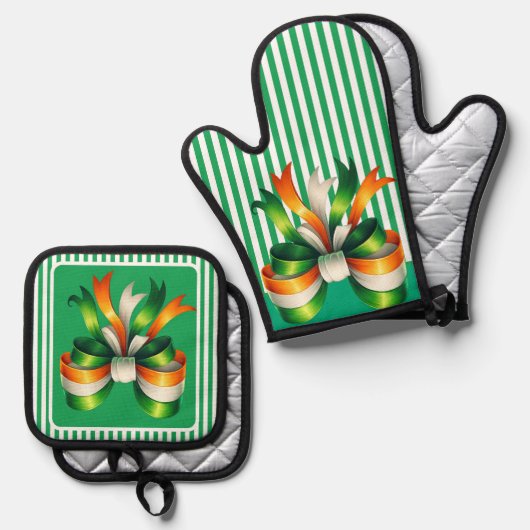 Groene gestreepte Ierse Coquette Ovenwant & Pannenlap Set (Voorkant / Achterkant)