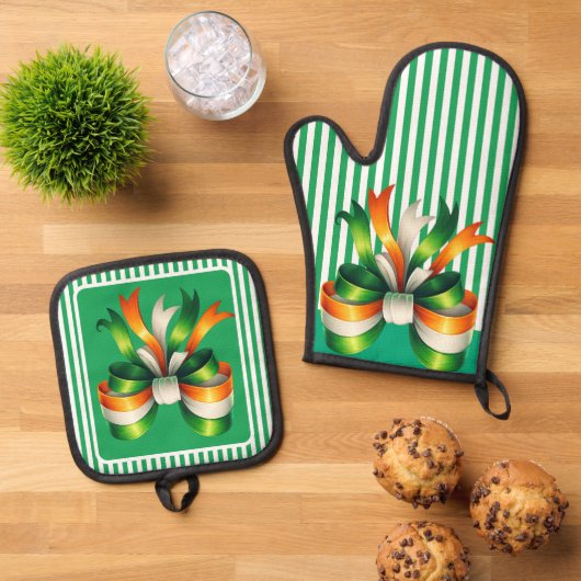 Groene gestreepte Ierse Coquette Ovenwant & Pannenlap Set (Top down)