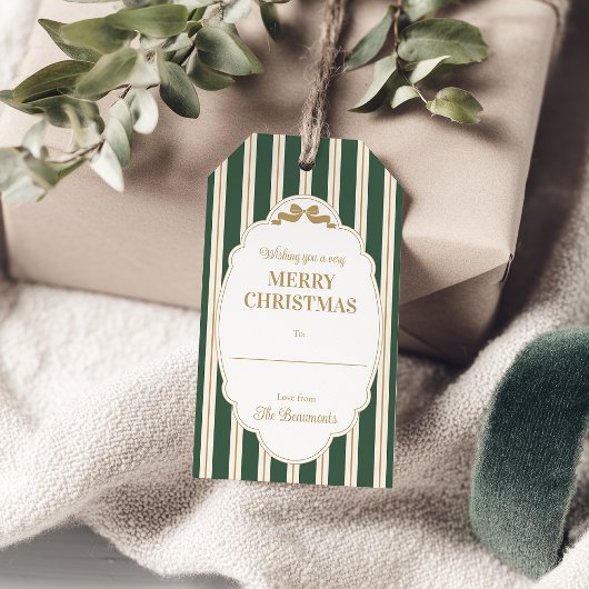 Groene gestreepte kerstcadeaukaartjes cadeaulabel