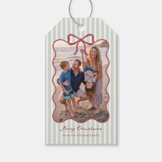 Groene gestreepte kerstfoto cadeaulabel (Voorkant)