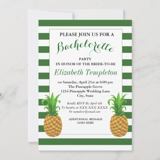 Groene gestripte moderne anananas Bachelorette Inv Kaart (Voorkant)