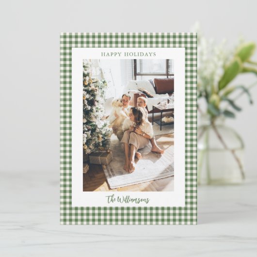 Groene Gingham 2 Foto Vakantie Frame Script Elegan Feestdagenkaart (Staand voorkant)