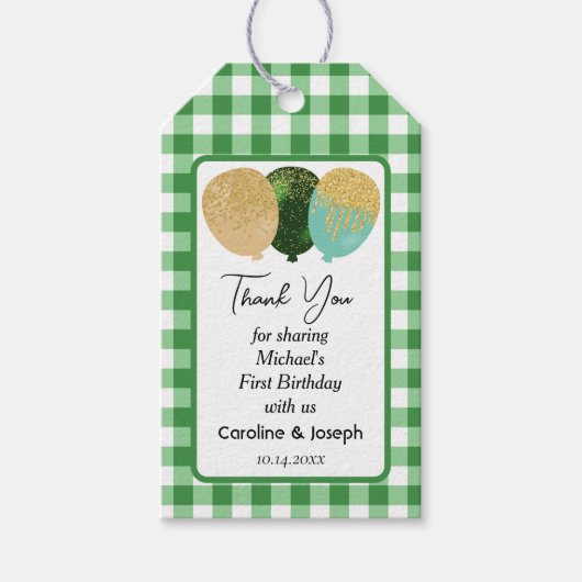 groene gingham & 3 glitterballonnen Verjaardag Cadeaulabel (Voorkant)