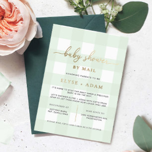 Groene Gingham Baby Shower Uitnodiging per Post Fo