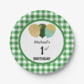 Groene Gingham & Ballonnen 1e Verjaardag Papieren Bordje (Voorkant)