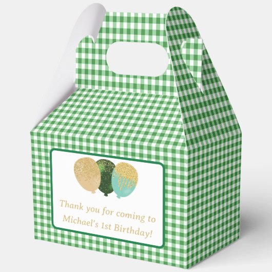 Groene Gingham Ballonnen Aangepaste Foto Verjaarda Bedankdoosjes (Voorkant)