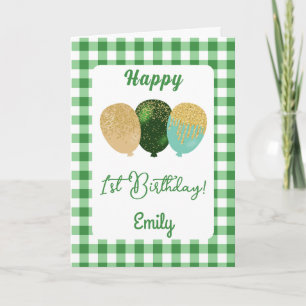 Groene Gingham Ballonnen Kinderen Verjaardagsgroet Kaart