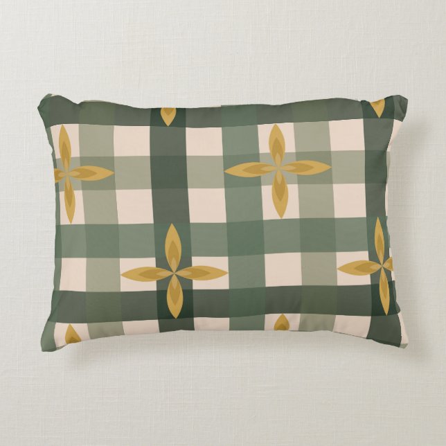 Groene Gingham & Bladeren Accent Kussen  (Voorkant)