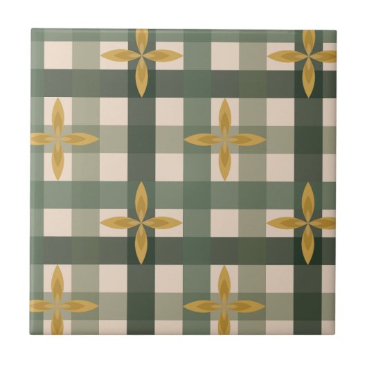 Groene Gingham & Bladeren Keramische Tegels Tegeltje (Voorkant)