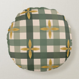 Groene Gingham & Bladeren Ronde Kussen