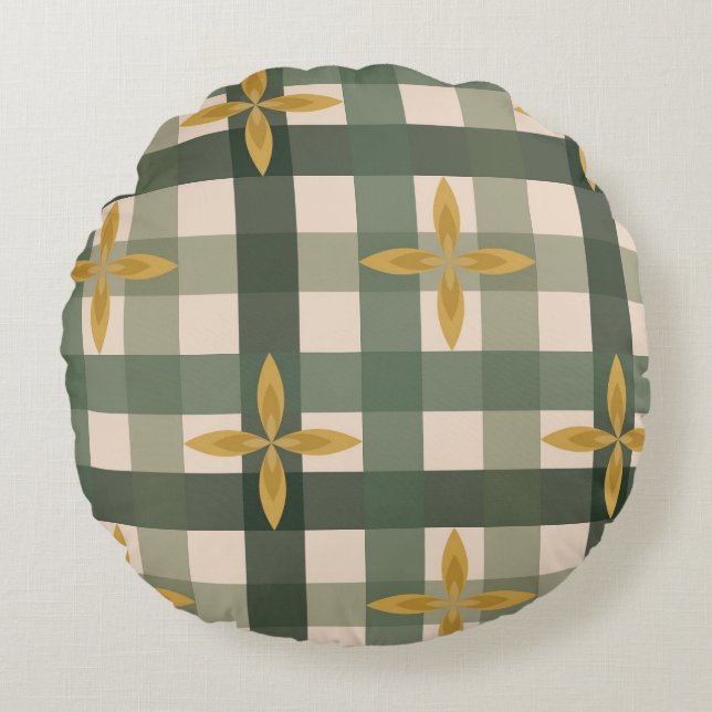 Groene Gingham & Bladeren Ronde Kussen  (Voorkant)