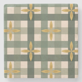 Groene Gingham & Bladeren Stenen Onderzetter