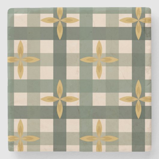 Groene Gingham & Bladeren Stenen Onderzetter (Voorkant)