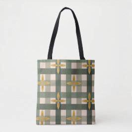 Groene Gingham & Bladertassen Tote Bag