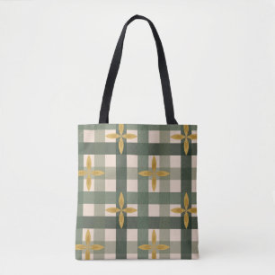 Groene Gingham & Bladertassen Tote Bag