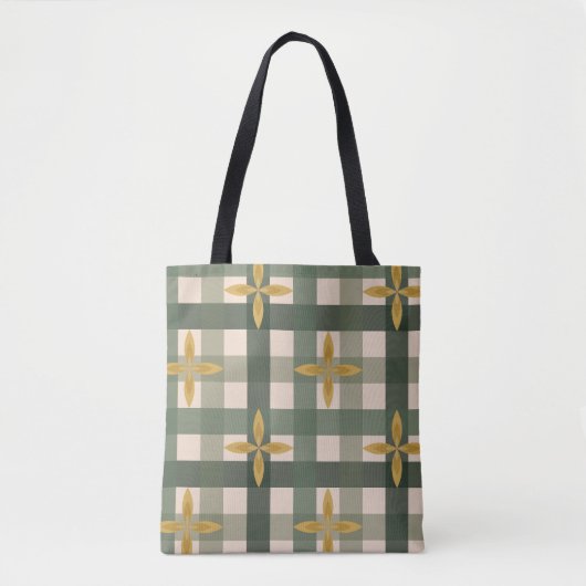 Groene Gingham & Bladertassen Tote Bag (Voorkant)