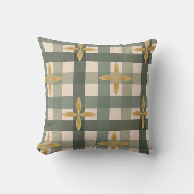 Groene Gingham & Bladwerkkussen  Buitenkussen (Voorkant)