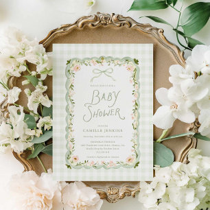 Groene Gingham Bloemen Baby Shower Uitnodiging
