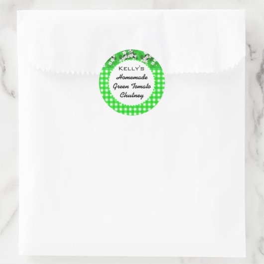Groene gingham bloemenjam chutney label (Tas)