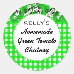 Groene gingham bloemenjam chutney label