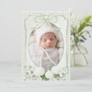 Groene Gingham Bloemige Vintage Geboorteaankondigi Kaart