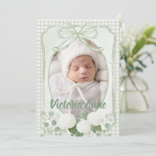 Groene Gingham Bloemige Vintage Geboorteaankondigi Kaart