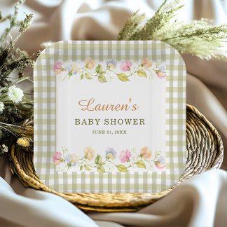 Groene Gingham Bloemige Zoete Erwt Baby Shower Papieren Bordje