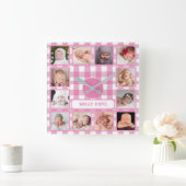 Groene Gingham Boerderij Landelijk 12-foto Collage Vierkante Klok (Huis)