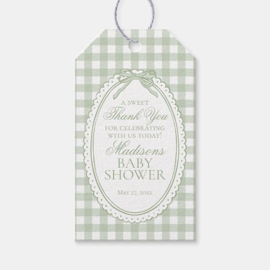 Groene Gingham Coquette Strik Babyshower Favoren Cadeaulabel (Voorkant)