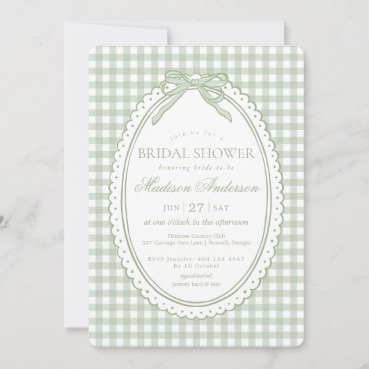 Groene Gingham Coquette Strik Bruidsdouche Kaart (Voorkant)