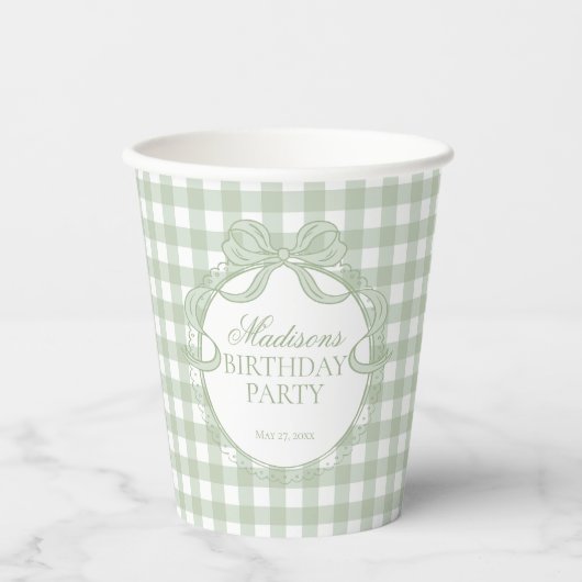 Groene Gingham Coquette Strik Bruidsdouche Papieren Bekers (Voorkant)