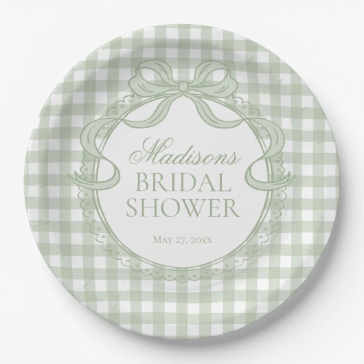 Groene Gingham Coquette Strik Bruidsdouche Papieren Bordje (Voorkant)