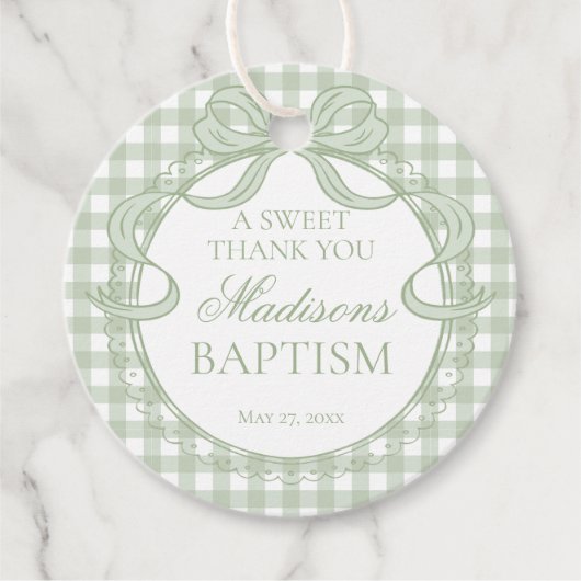 Groene Gingham Coquette Strik Doop Cirkel Bedankjes Labels (Voorkant)